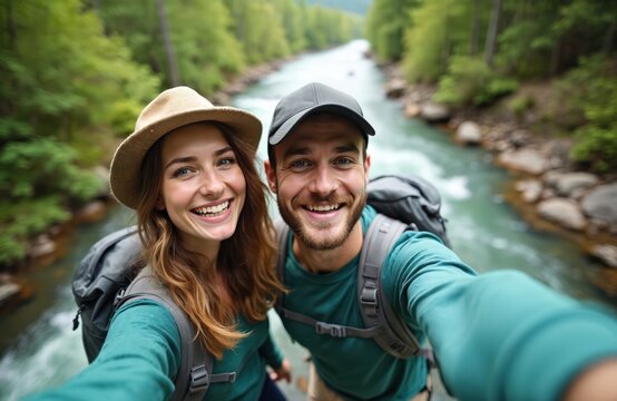 Happy young caucasian couple take selfie hiking near river in forest. Man, woman wearing backpacks enjoy outdoor travel. Smiling faces show positive emotions. Forest, river create scenic landscape.