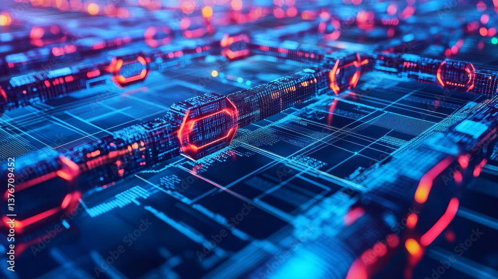 Aufkleber smart city, digital future, quantum computer, cybersecurity, blockchain technology. 3d illustration 