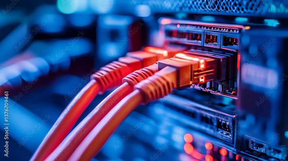 Poster network cables connected to server rack modern technology data center high speed internet digital in
