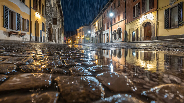 April 11, 2018 - Tavigliano, Biella, Italy: A strong downpour engulfs the main street at night, with raindrops bouncing off cobblestones and puddles forming under the city lights T