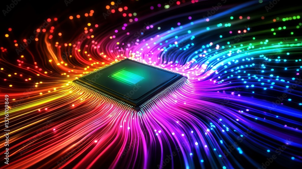 Poster abstract colorful microchip digital art futuristic technology rainbow fiber optics network hightech 