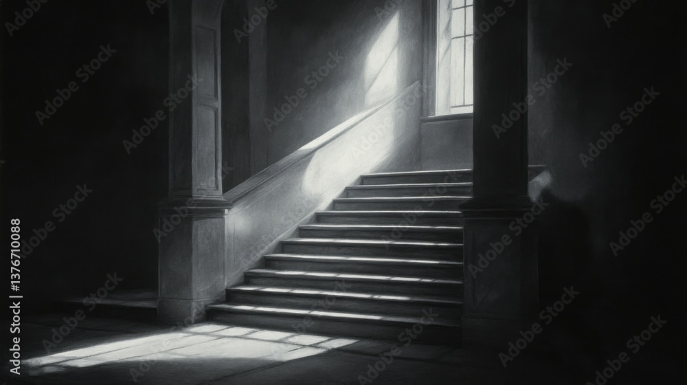 Poster a monochromatic image depicts a flight of steps bathed in dim light streaming from an adjacent windo