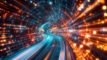Neon light, ultraviolet. Cyberspace and virtual reality 3d illustration. Inside spacecraft. Fantastic tunnel, digital city, binary code. Quantum processor and future technologies