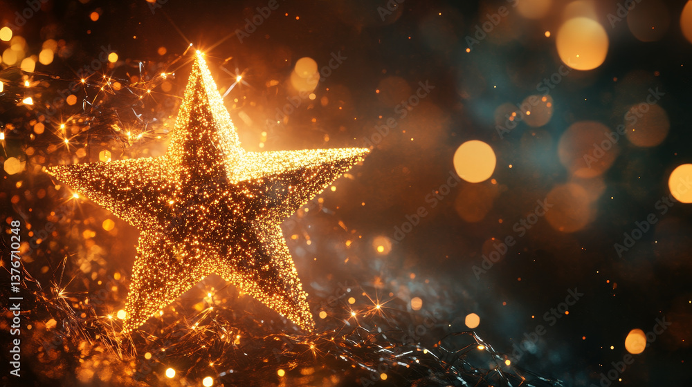 Poster abstract tech background. shining star. glowing polygon network with bokeh effect. 3d illustration o