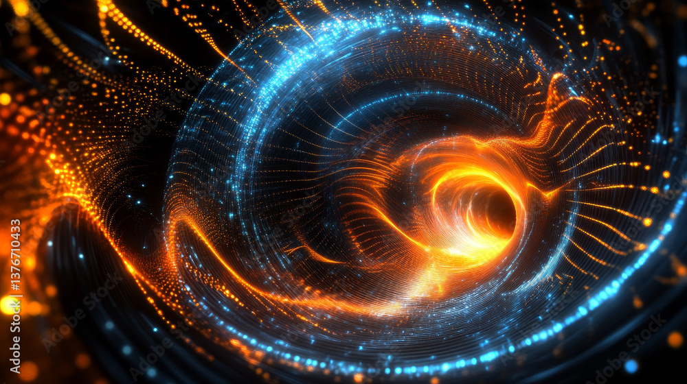 Poster cluster of digital particles. techno cyber sound. 3d illustration of an abstract flow of deep wave p