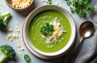 Delicious creamy broccoli soup with parmesan, microgreens, herbs, on stone table. Vegan healthy meal, organic fresh food. Top view photo from above. Served in bowl with spoon.