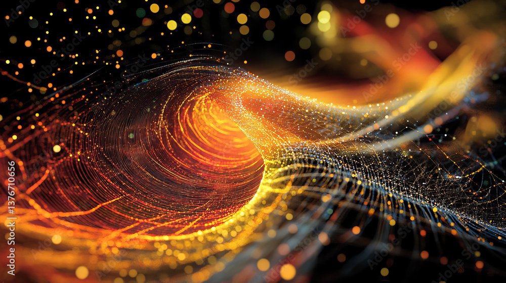 Poster abstract nanofiber 3d illustration. twisted lines with dots of light. neuro impulse in cyber stream