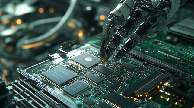 Close-up of a factory machine at work: a robotic arm seamlessly attaching microchips to a printed circuit board via advanced surface mount technology in a modern, automated assembl