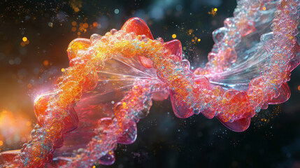 DNA helix 3D illustration. Mutations under microscope. Decoding genome. Virtual modeling of chemical processes. Hi-tech in medicine