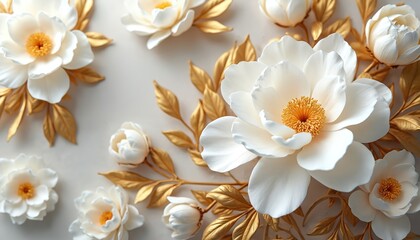 White peonies with gold leaves, buds on white background. Elegant floral arrangement. Floral art for invitations cards wedding decoration. Luxury, beauty, serenity, romantic, spring, summer, nature