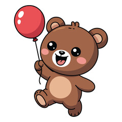 Cute Cartoon Bear Holding Red Balloon and Smiling for Kids
