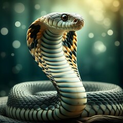 A striking portrait of a cobra, its hood flared, and eyes locked in a mesmerizing gaze, against a backdrop of soft, ethereal light.