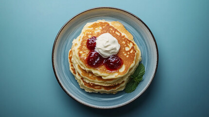 Fluffy pancakes topped with jam and cream on a blue plate