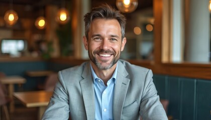 Obraz premium Smiling man in suit at cafe. Portrait of happy businessman, relaxed, enjoying coffee. Modern interior with wooden decor. Stylish outfit, casual attire. Positive emotion, charm, elegance. Business