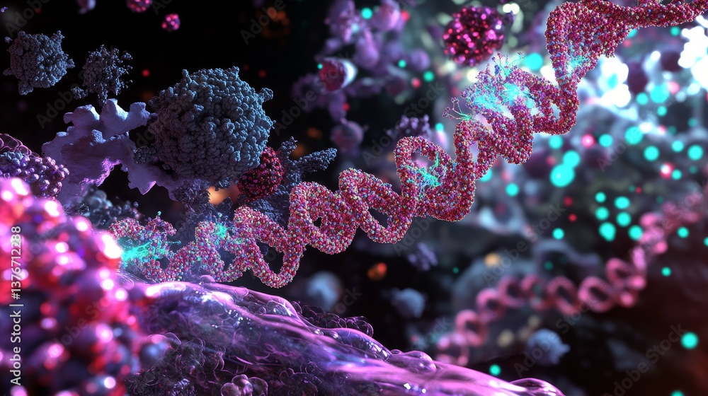 Poster dna helix 3d illustration. mutations under microscope. decoding genome. virtual modeling of chemical