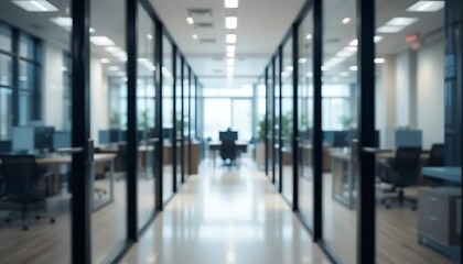 Blurry perspective of a modern corporate interior with glass-walled offices