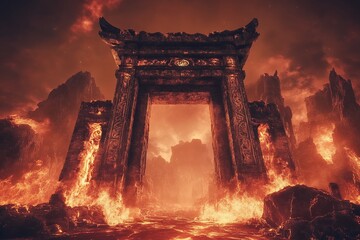 Fototapeta premium Majestic ancient stone gateway surrounded by lava and fiery landscape at dusk