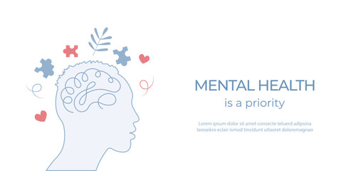 Mental Health banner.Mental health problems and emotional burnout. Concept of psychotherapy.Vector illustration.