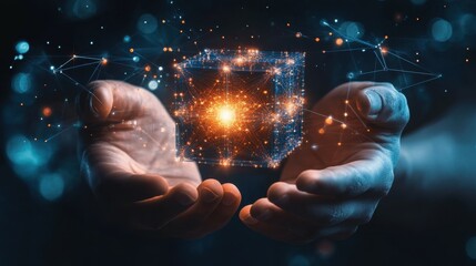 Digital Synergy: Two hands cradle a luminous cube, its intricate network of data streams symbolizing the transformative power of technology and collaboration