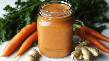 Creamy carrot-ginger smoothie in a mason jar with fresh ingredients on a white background