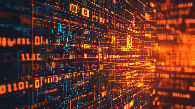 3D illustration of conducting transactions. Blockchain technology. Global decentralized database of the future. Protection and storage of digital data. Array of orange blocks on a dark blue background