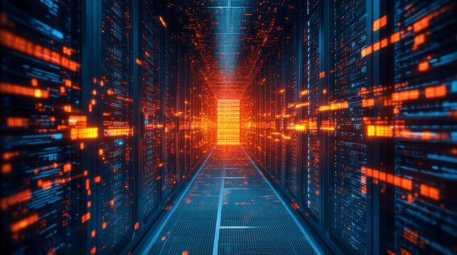 3D illustration of conducting transactions. Blockchain technology. Global decentralized database of the future. Protection and storage of digital data. Array of orange blocks on a dark blue background