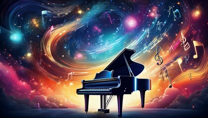 Piano is ready to play and waves of color fill space, its form against radiant glow that surrounds it. Symphony of light and sound. Concept of classical and modern music, entertainment, jazz. Ad. High