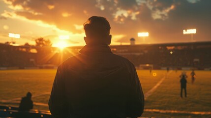 Fototapeta premium A football coach silhouettes during a match on a football field from the stadium with his back to the camera