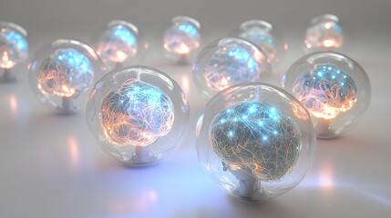 The image showcases metallic, neuron-like spheres with glowing circuits, linked by delicate threads, set against a light background that emphasizes their futuristic design. High. 3D Illustration
