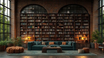 Luxurious loft apartment with large bookshelf, teal sofa, and natural light.