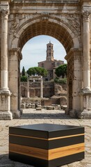 Fototapeta premium Elegant podium showcasing products within the grandeur of an ancient Roman archway