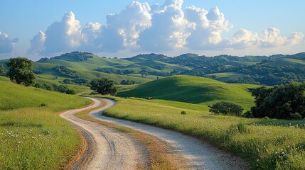 Obraz premium Winding dirt road through idyllic green hills under a partly cloudy sky.