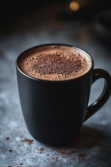 Obraz premium Enjoying comforting vegan hot cocoa in a minimalist black mug on soft grey