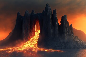 Fototapeta premium Majestic volcanic landscape with flowing lava at sunset