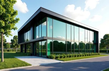 Fototapeta premium Modern two-story house with large glass windows in green suburban setting