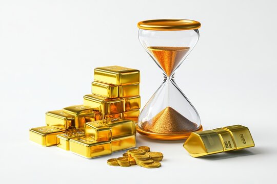 Golden Hourglass with Stacked Gold Bars and Coins Precious Metal Investment Wealth Time Luxury Finance Success Financial Growth Reserve Shiny Gold    
