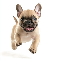 Obraz premium A playful fawn french bulldog puppy mid air with tongue out on a white background in studio shot