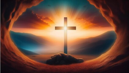 The concept of Easter Sunday, the cross of the crucifixion of Jesus Christ, the concept of the Christian faith. The tomb is empty with a cross in the background of the dawn Resurrection of Jesus