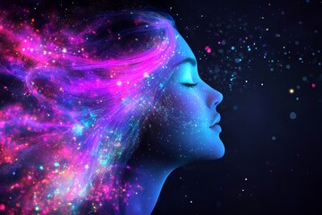Ethereal young female with vibrant cosmic aura in space-themed fantasy art