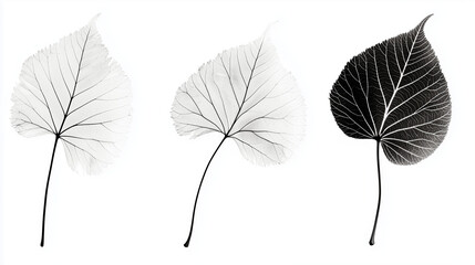 X-ray birch leaves set isolated on white background