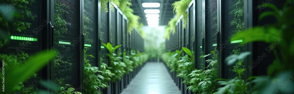 Aufkleber data center nature tech with server racks, green plants. eco-friendly sustainable tech with indoor p