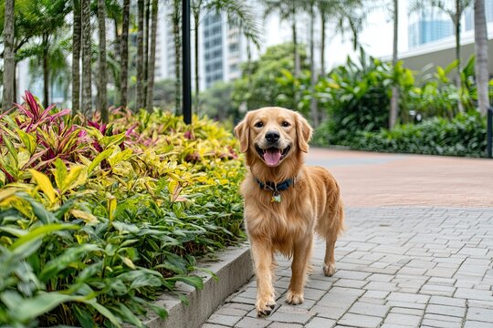 A happy Golden Retriever dashes about, radiating joy as it plays and explores