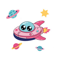 Fototapeta premium Cute Cartoon UFO with Big Eyes, Stars, and Planets for Kids