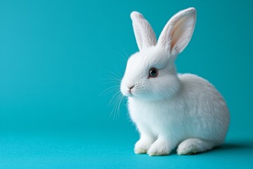 Obraz premium White rabbit sitting calmly against a turquoise background 