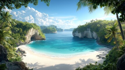 Tropical beach paradise. Lush landscape. Tranquil bay
