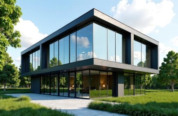 Fototapeta premium Modern two-story house with large glass windows in green suburban setting