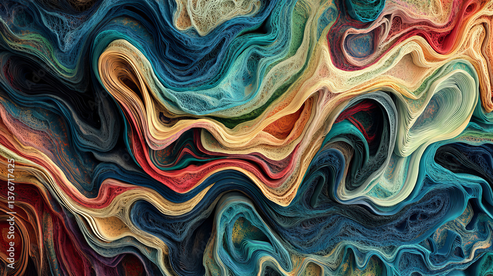 Poster abstract data swirl. wavy field of tangled strings 3d illustration. the magic and beauty of mysterio