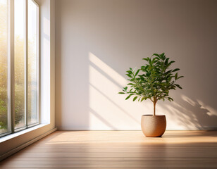 Fototapeta premium bright natural light fills a minimalist room with a potted plant in a simple pot