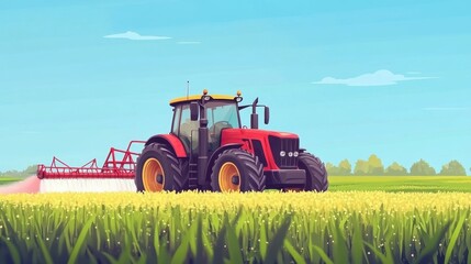 Fototapeta premium Agricultural tractor spraying fertilizer on agricultural field. Smart agriculture farming, agricultural food crops technology.