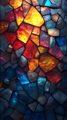 Colorful Stained Glass Mosaic in Blue, Orange, and Red

